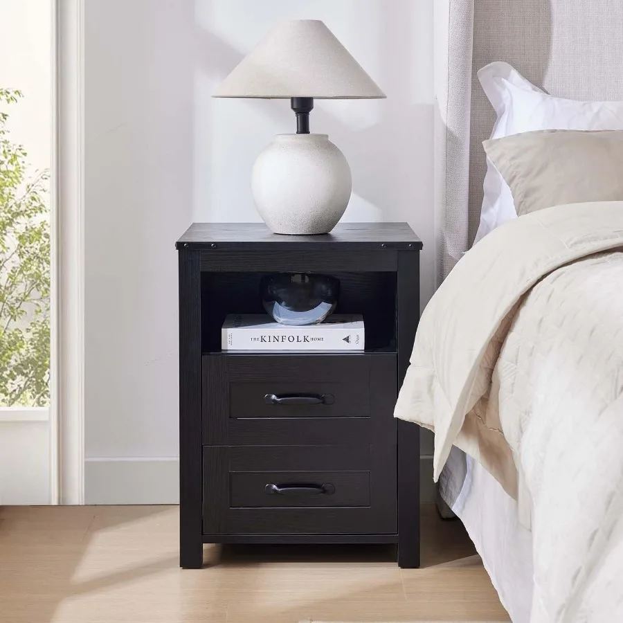 مجموعة منضدة المزرعة مكونة من طاولتين بجانب السرير باللون الأسود الريفي مع حامل ليلي بأدراج لطاولات نهاية غرفة النوم مع محطة شحن #2