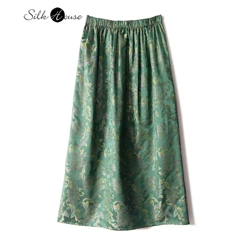 

2024 Women's Spring New Heavyweight 100%Natural Mulberry Silk Song Brocade Green Dragon Fruit Flower Printed Temperament Skirt