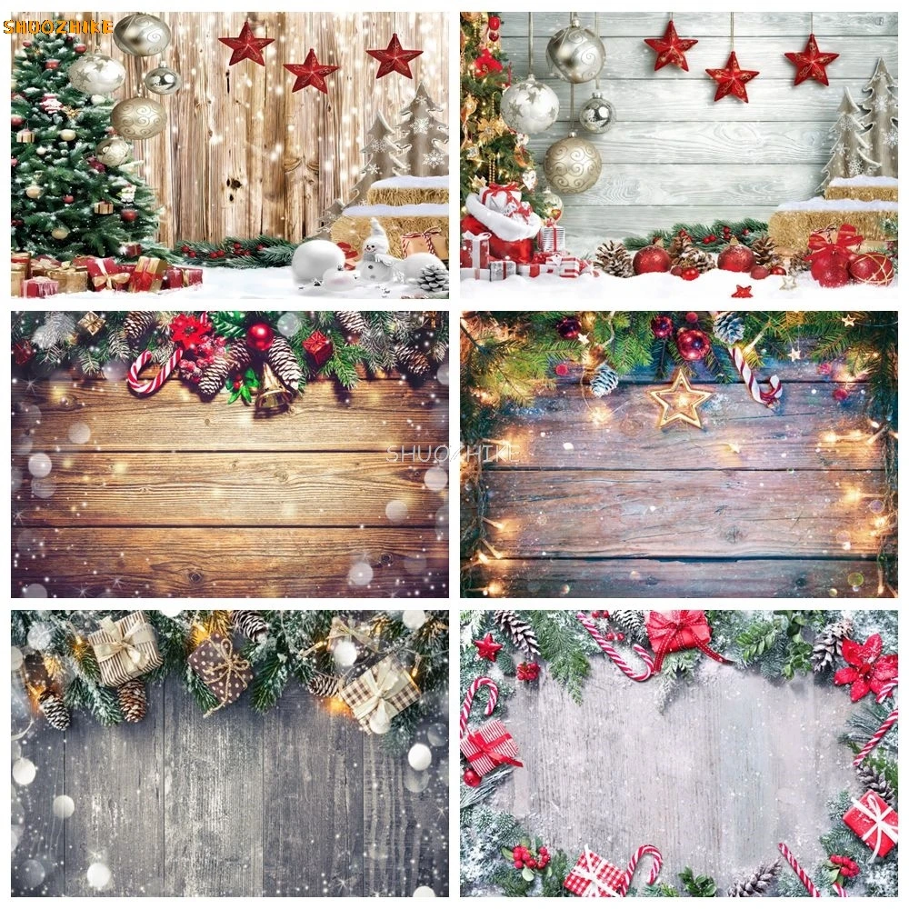 

Christmas Wood Board Backdrop Holly Leaves Gifts Xmas Baby Shower Kids Family Portrait Photography Background Decor Photo Studio