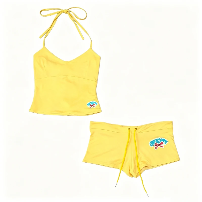 Solid color sexy hot girl hanging neck tie short suspender drawstring super shorts beach home two sets