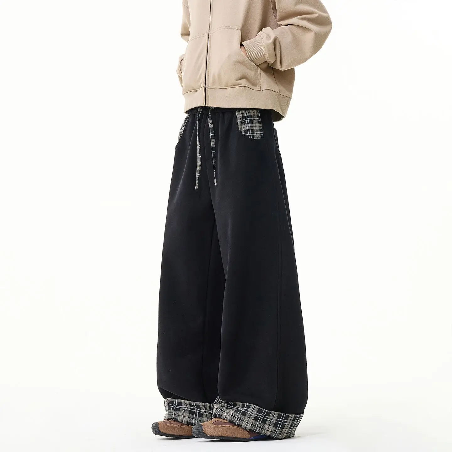 Curled Checked Splicing Scimitar Sweatpants Men's American Straight Sports Trousers Wide-leg Casual Pants