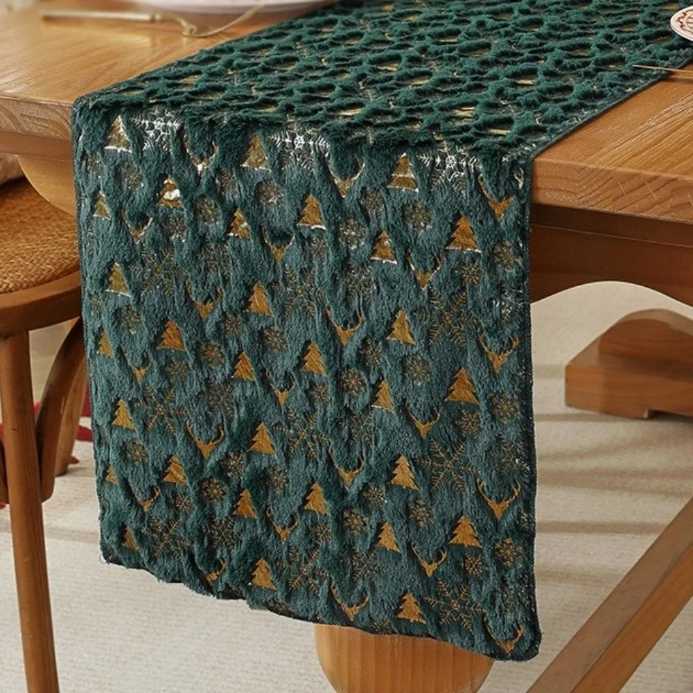 Embroidered Christmas Table Runner Christmas Tree Pattern Soft Antlers Printed Tablecloth Thickened Long Strip Plush Table Flag