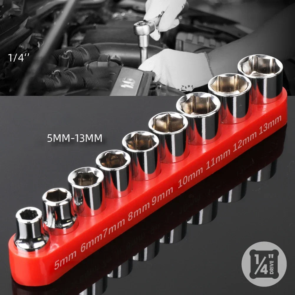 Новинка, 9 шт., 1/4 дюйма, привод 5-13 мм, шестигранная бита, метрическая торцевая головка, набор гаечных ключей, адаптер для авторемонта,
