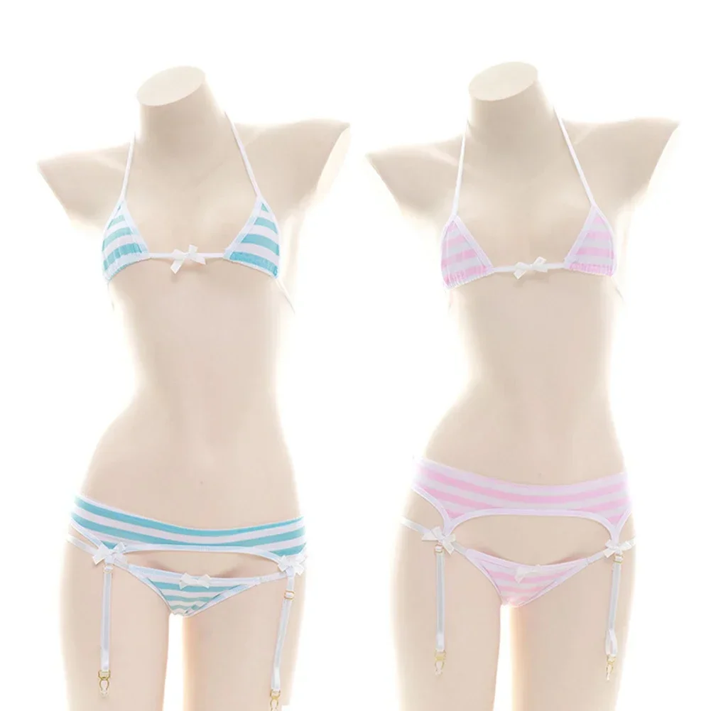 Sexy Bikini Set Women Underwear Pink Blue Stripe Cute Lingerie Micro-Bikinis Swimwear Japanese Schoolgirl Anime Cosplay Costume