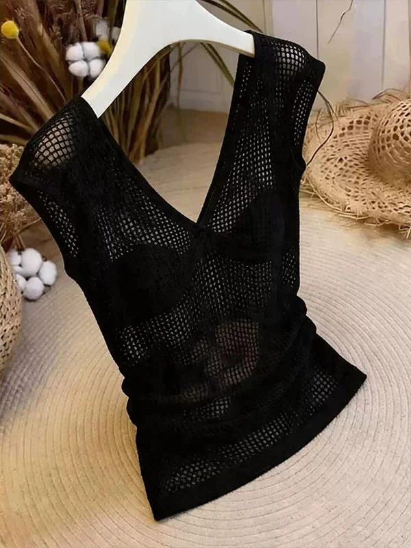 

Elegant Hollow out Sleeveless Vest Fashionable Pure Desire Style Versatile Top Summer Straight Cut Korean Version V-Neck Casu...
