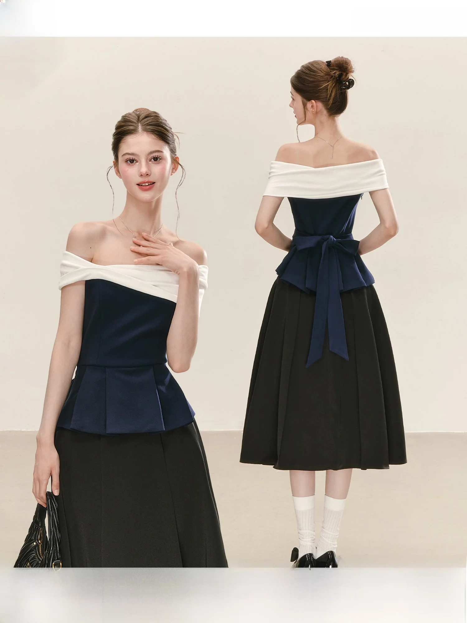 Elegant QDQD Off-Shoulder Crop Top Women Slimming Color Block High-End Design Sense Ladylike T-Shirt Polyester No-Sleeve