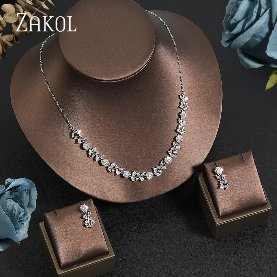 ZAKOL Luxury Zirconia Leaf Water Drop Bridal Jewelry Sets Exquisite Flower Earring Necklace Set Wedding Accessories