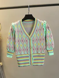 Luxury Beading Argyle Plaid Knitted Cardigan Top Women Summer Short Sleeve V-Neck Single Breasted Ruffles Sweater Elegant Blusas