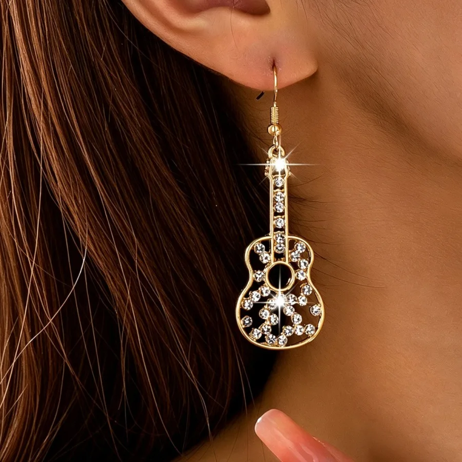 Cross-border earrings, personalized simple wind, gold shiny full diamond hollow guitar pendant, earrings, music festival wear