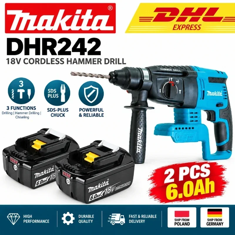 Makita DHR242 18V LXT SDS Plus Bohrhammer, bürstenloser Akku-Bohrhammer, 24 mm Betonkapazität, 4700 IPM 2,0 J, 3-Modus-Profielektrowerkzeug, passend für BL1860B BL1850B BL1815, EU-Lager, schneller