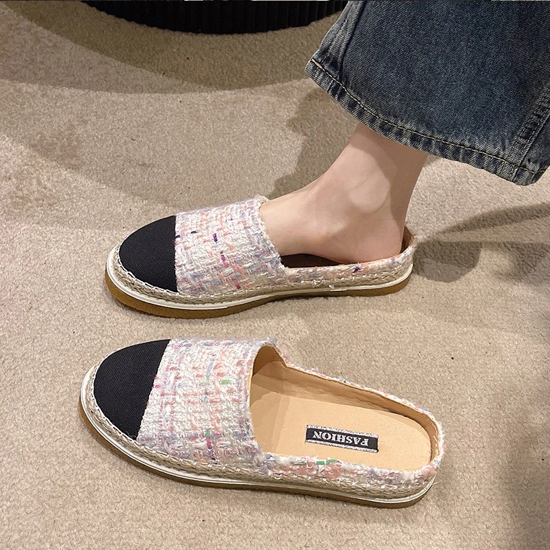 Luxury Pink Tweed Mule Loafers Woman Elegant Round Toe Espadrille Sneakers Ladies Brand Design Thick Sole Slip-on Fishman Shoes