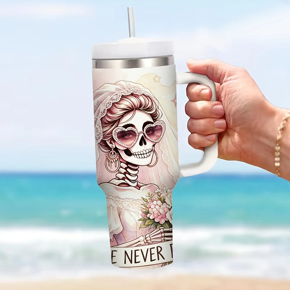 40oz Insulated Tumbler with Handle, Pink Floral Skeleton Bride Print, Keeps Hot And Cold Drinks, Suitable for Women Daily Use, Ideal for Outdoor Travel And Home Daily Scenarios