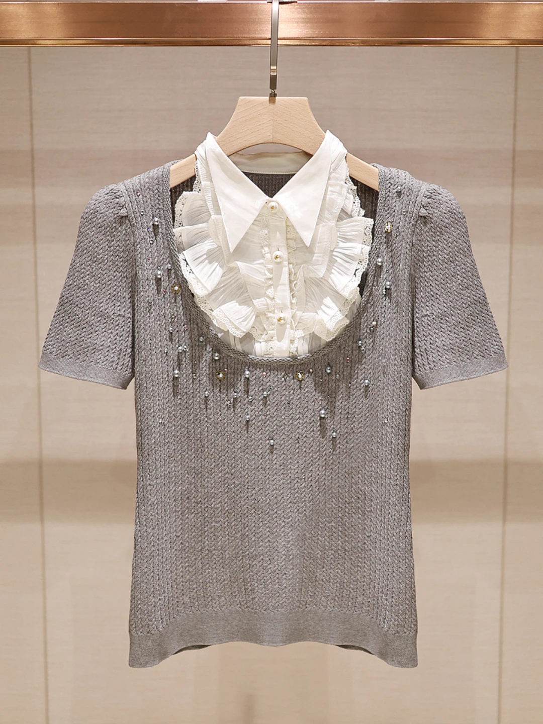 

ay Slim Fit Knitted T-irt with Lace And Beads ort Sve Collar Summer Faion Design Women's Unique Top JOOva Brand