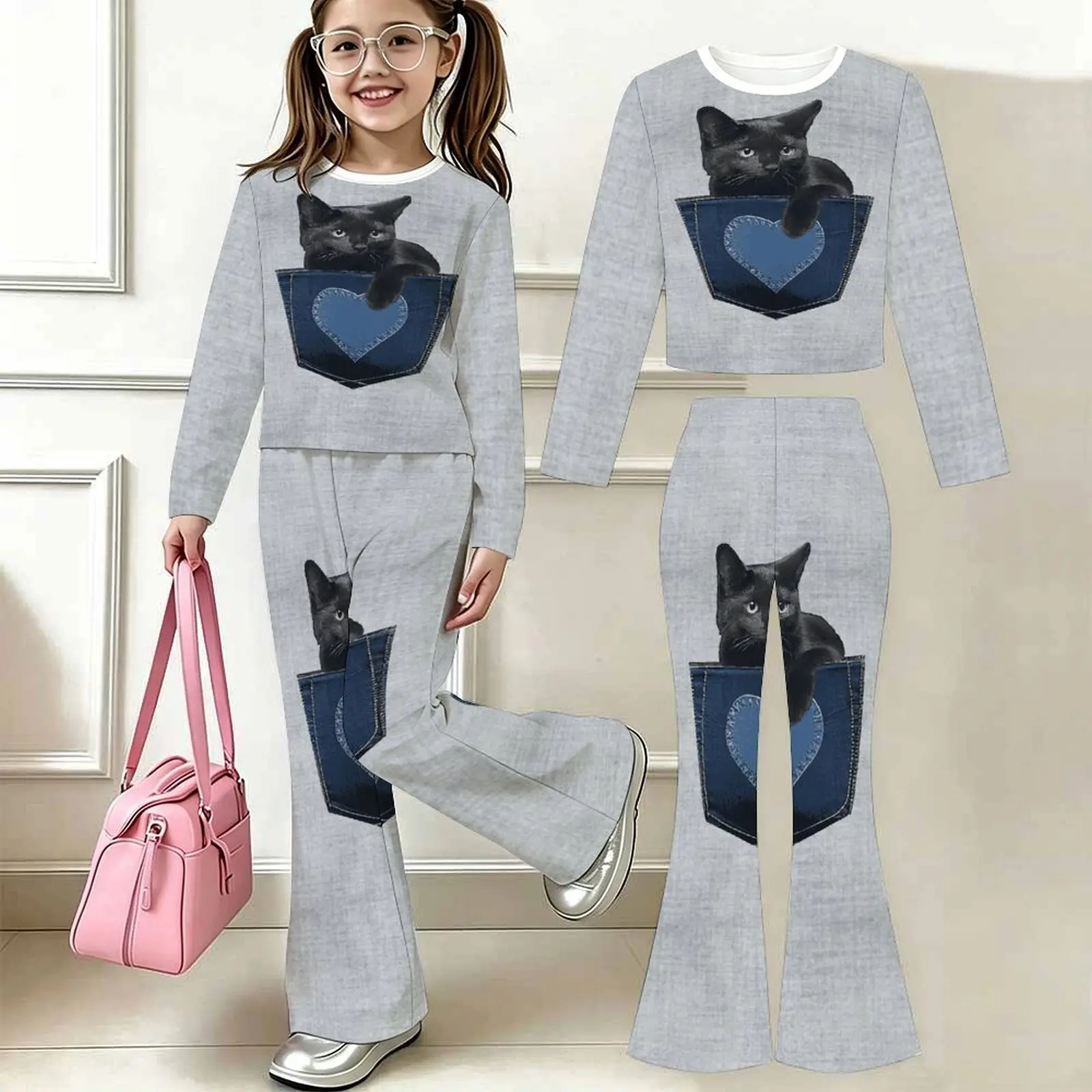 2pcs Children's Casual Pants Autumn Slim Two-piece Set Fashion Bell-bottomed Pants Winter Girls' Trendy T-shirt Jogging Pants
