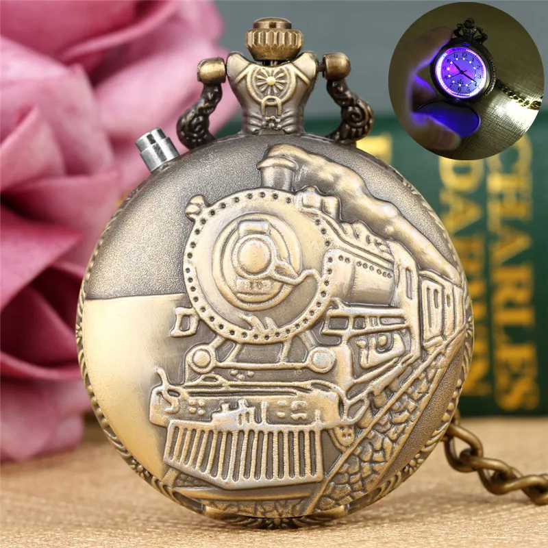 

Steampunk LED Light Clock Train Locomotive Men Women Quartz Pocket Watch Arabic Numerals Display Pendant FOB Chain Gift