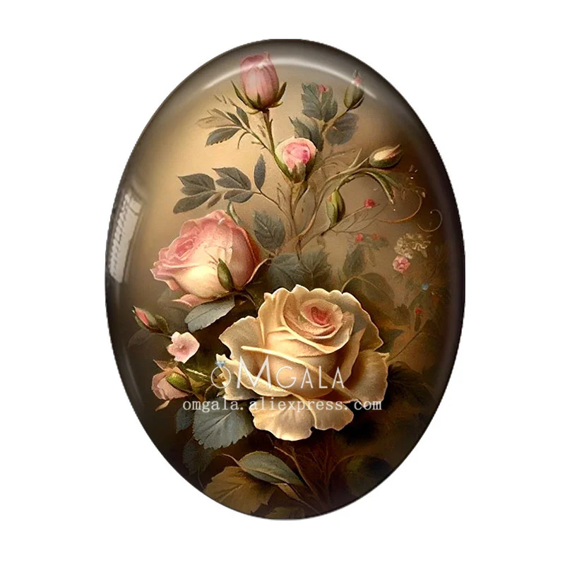 Vintage Oil Paintings Flowers Pattterns 13x18mm/18x25mm/30x40mm Oval photo glass cabochon demo flat back Making findings