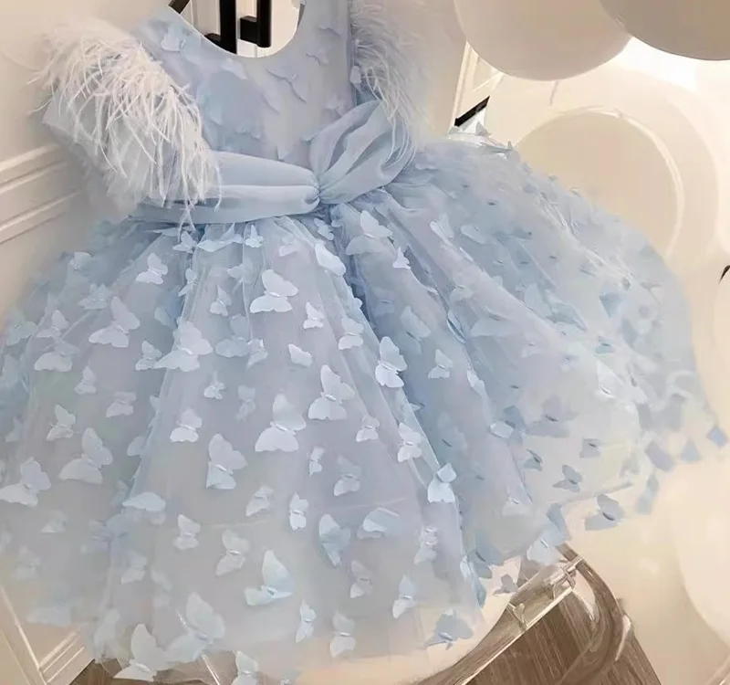 Baby Girl Princess Butterfly Lace Tutu Dress Feather Sleeve Child Gauze Tulle Vestido Bow Party Birthday Baby Clothes 1-12Y