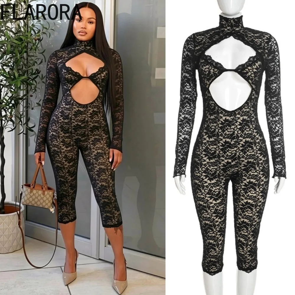 FLARORA Sexy Black Lace See Through Jumpsuits Woman Hollow Out Half High Collar Full Sleeve Skinny Rompers Hottie Party Clubwear