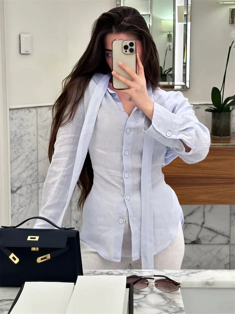 

Tossy Casual Lace-Up Commute Shirts Top Female Lapel Long Sleeve Solid High Waist Bandage Top For Women Elegant Blouse Cardigan