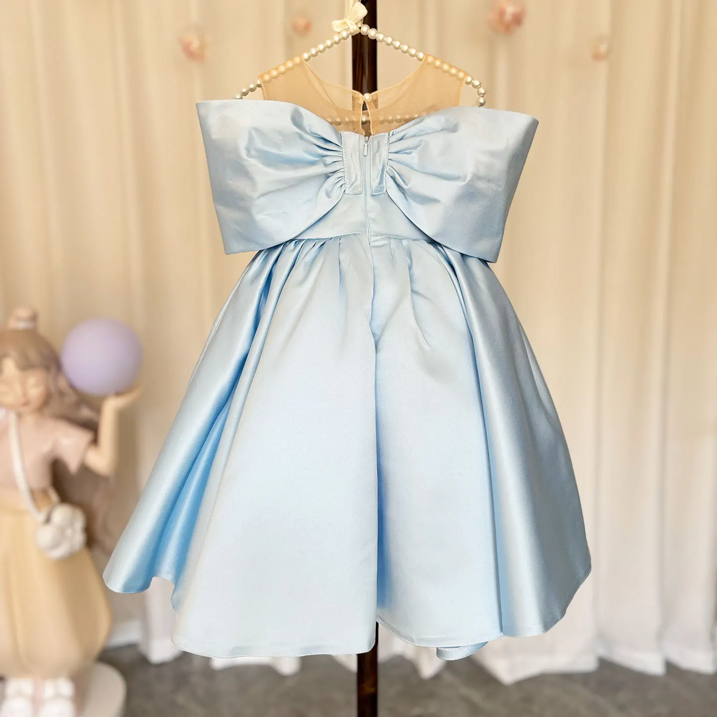 Jill Wish-Robe à fleurs en satin bleu pour fille, élégante, avec nœud, longueur aux genoux, pour mariage, fête d'anniversaire, J33