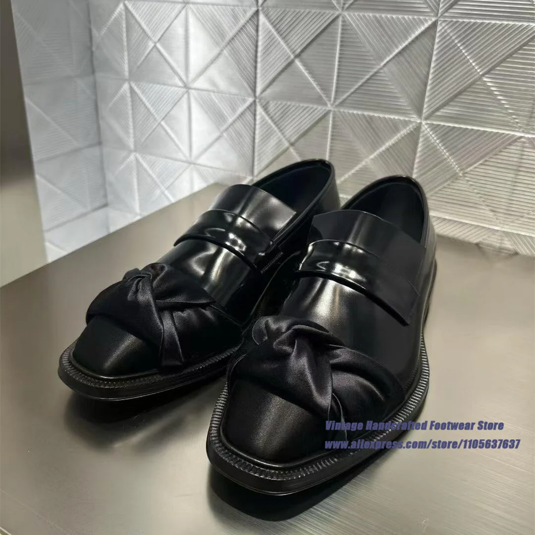 Black Patent Leather Satin Bow Square Toe Loafers Elegant Satin Knot Slip-On Low Heel Flats Vintage Handcrafted Men's Shoes
