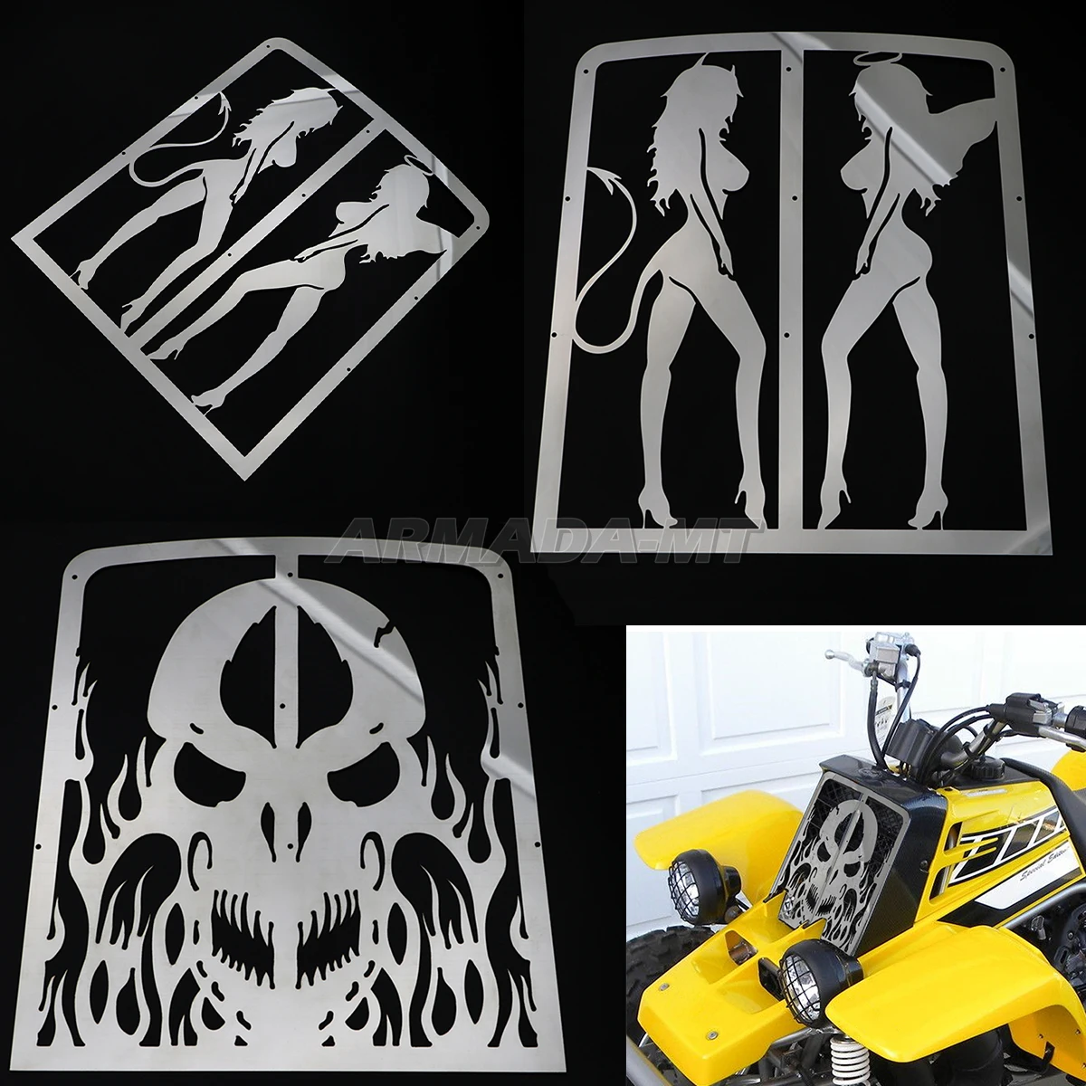 For YAMAHA Banshee Grille YFZ 350 YZF350 1987-2012 Motorcycle Skull Flame & Girl Radiator Grill Cover Guard Protector Stainless