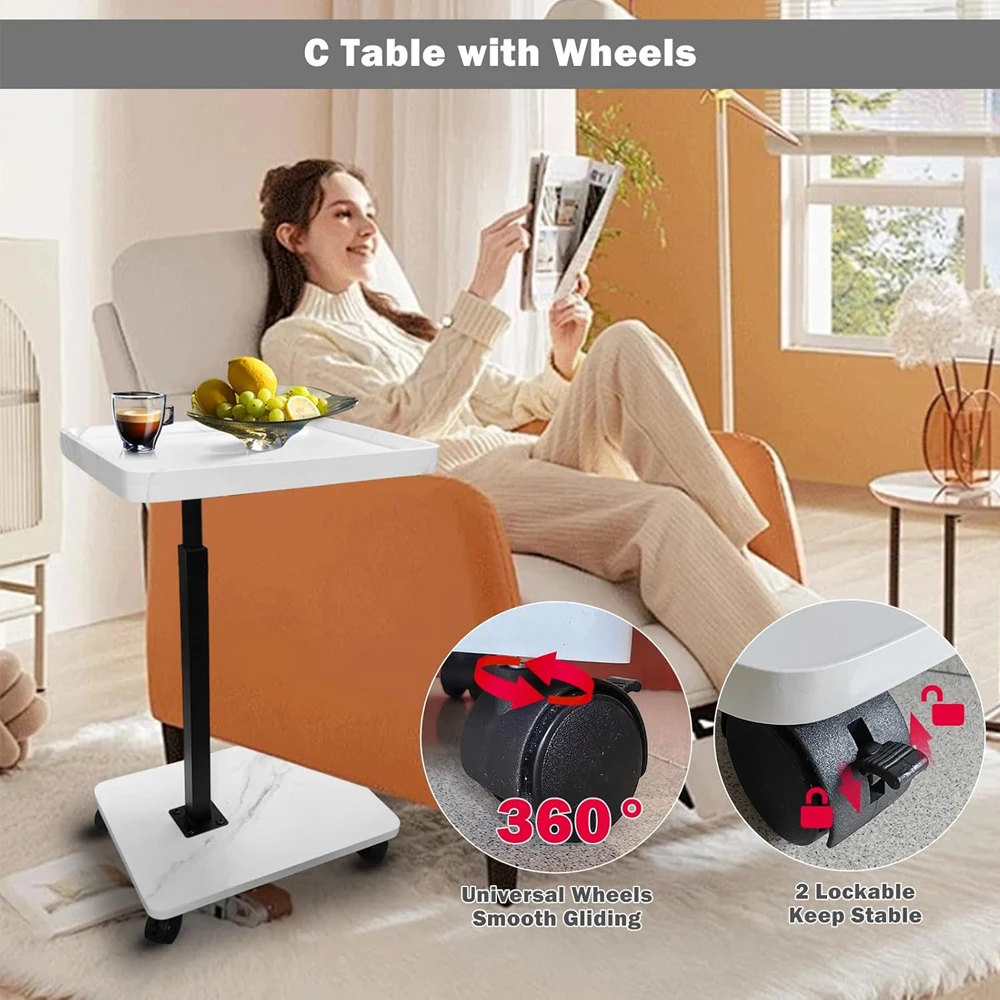 Adjustable Rolling Cart Overbed Bedside Table Laptop Desk Couch Side 360° Rotatable Sofa Tray Table Computer Desk Home Food Tray