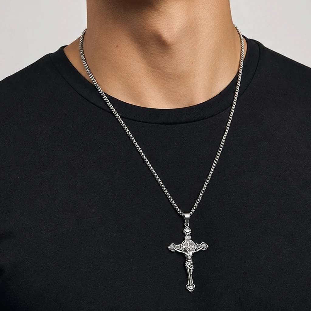 St Benedict Crucifix Necklace Vintage Jesus Cross Pendant Box Chain Necklaces Catholic Religious Jewelry for Men