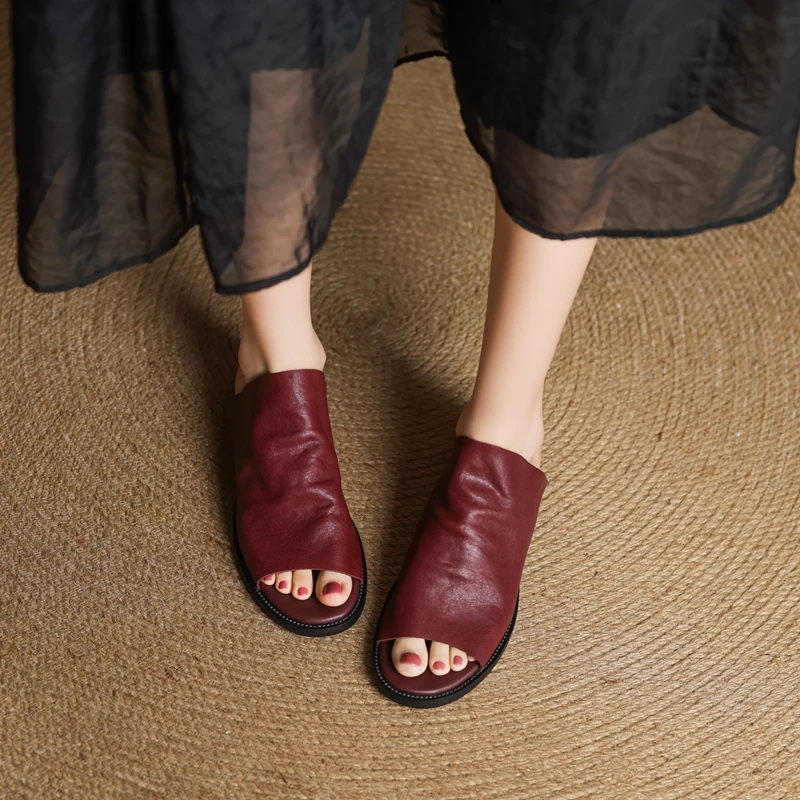 Women's New Summer Genuine Leather Horseskin Round Toe Exposed Toe Low Heel Retro Lazy Mule Shoes Fashion Fish Mouth Slippers