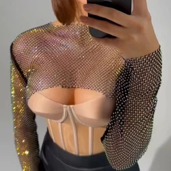 Feminine Sexy Style Long Sleeve Crystal Rhinestone Hollowed Out Fishnet Cover Ups Party Clubwear Crop Without Tube Top