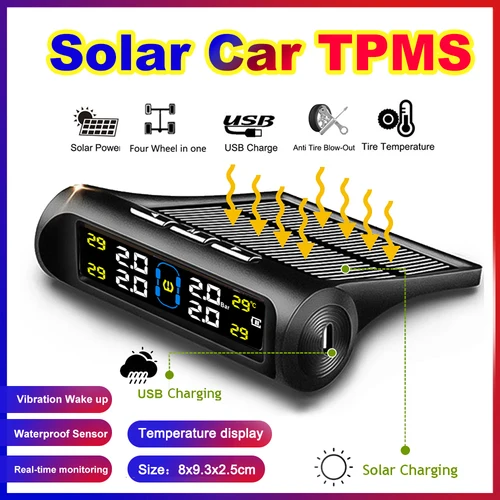 Imagen 1 del producto Sistema de Monitor de alarma de presión de neumáticos de coche TPMS de energía Solar, sistemas de alarma de seguridad automática, advertencia de temperatura de presión de neumáticos