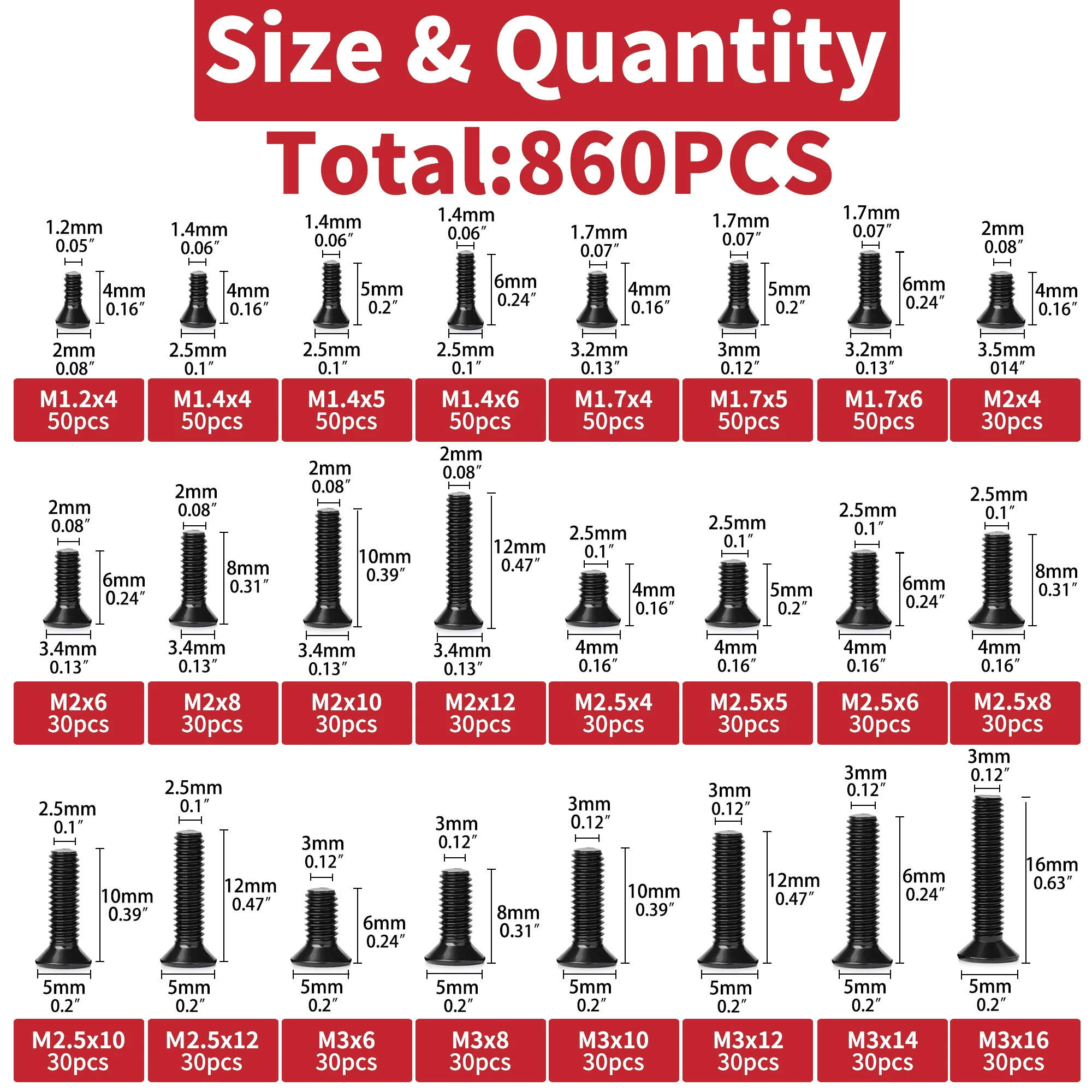 860 PCS Small Computer Screws Assortment Kit, Black Tiny Eyeglass Screws M1.2 M1.4 M1.7 M2 M2.5 M3, PC & Laptop SSD Hard Drive C