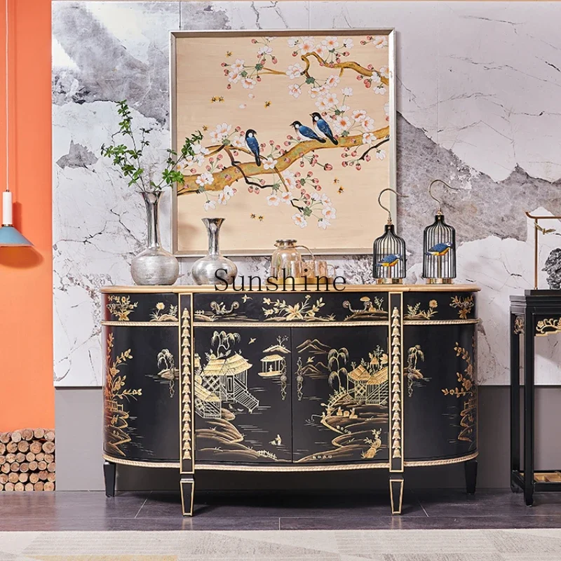 

New Chinese retro solid wood hand-painted black gold-painted semi-circular entrance decorative cabinet