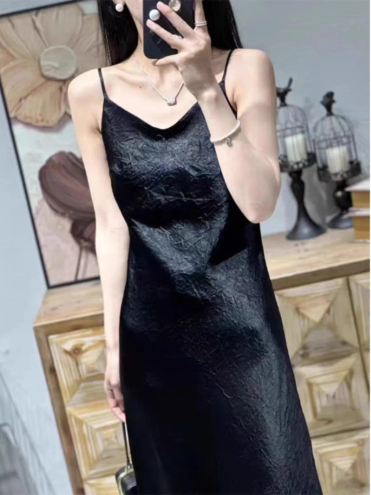 Retro Acetate Satin Dr Women's Summer High Waist V-Ne Midi Strapl Dr Slimming A-Line Gown Vintage Sle Pure Color