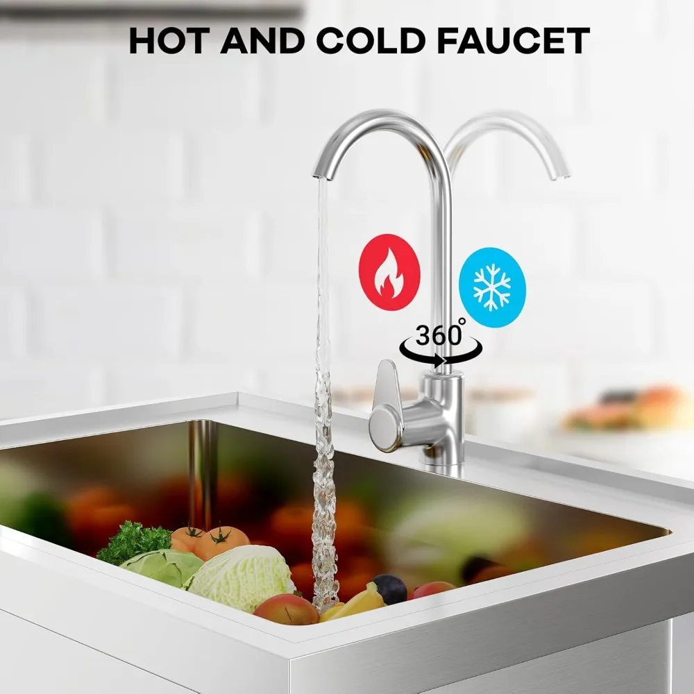 47-Zoll-Freistehendes Waschbecken, Einzelbecken aus Edelstahl mit Kalt-/Warmwasserrohr, Lagerregal, Wasserhahn und verstellbar