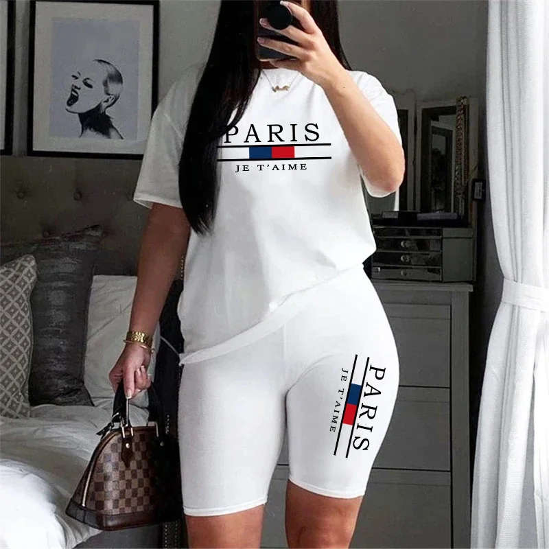 

Летний повседневный спортивный костюм-двойка для женщин: футболка с коротким рукавом и круглым вырезом, модный и качественный, хит продаж 2026 года