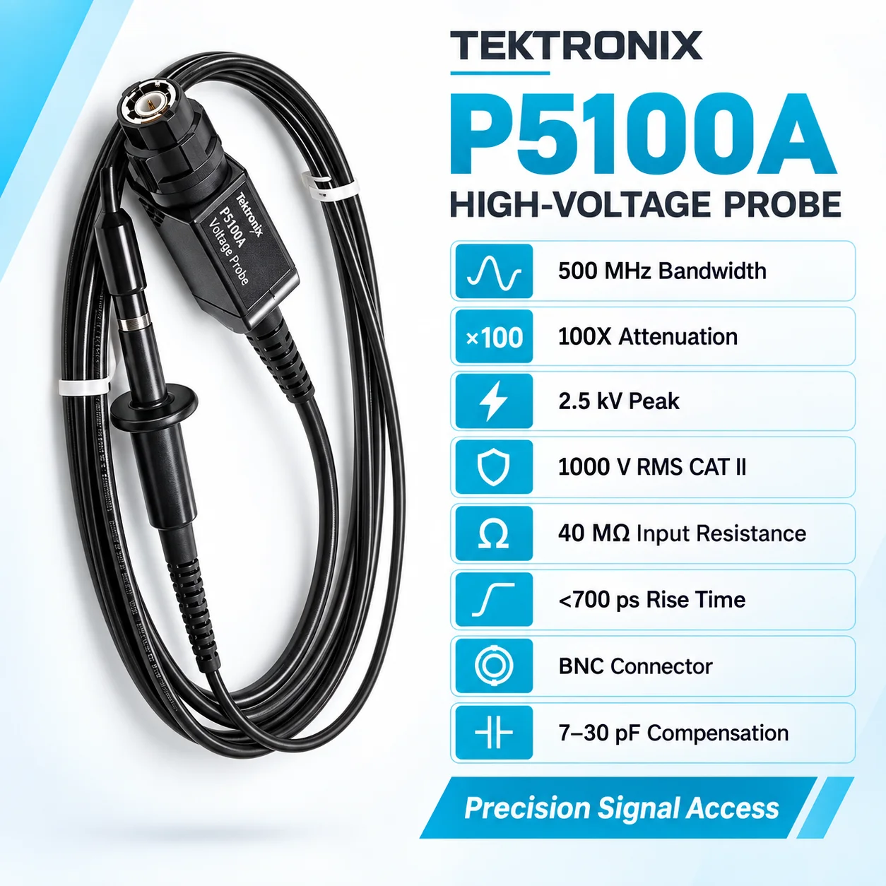 Tektronix P6139B/P5100A 500MHz Passive Oscilloscope Probes, 10X/100X, 300V CAT II/2.5kV, High Impedance, BNC, 1.3m/2m