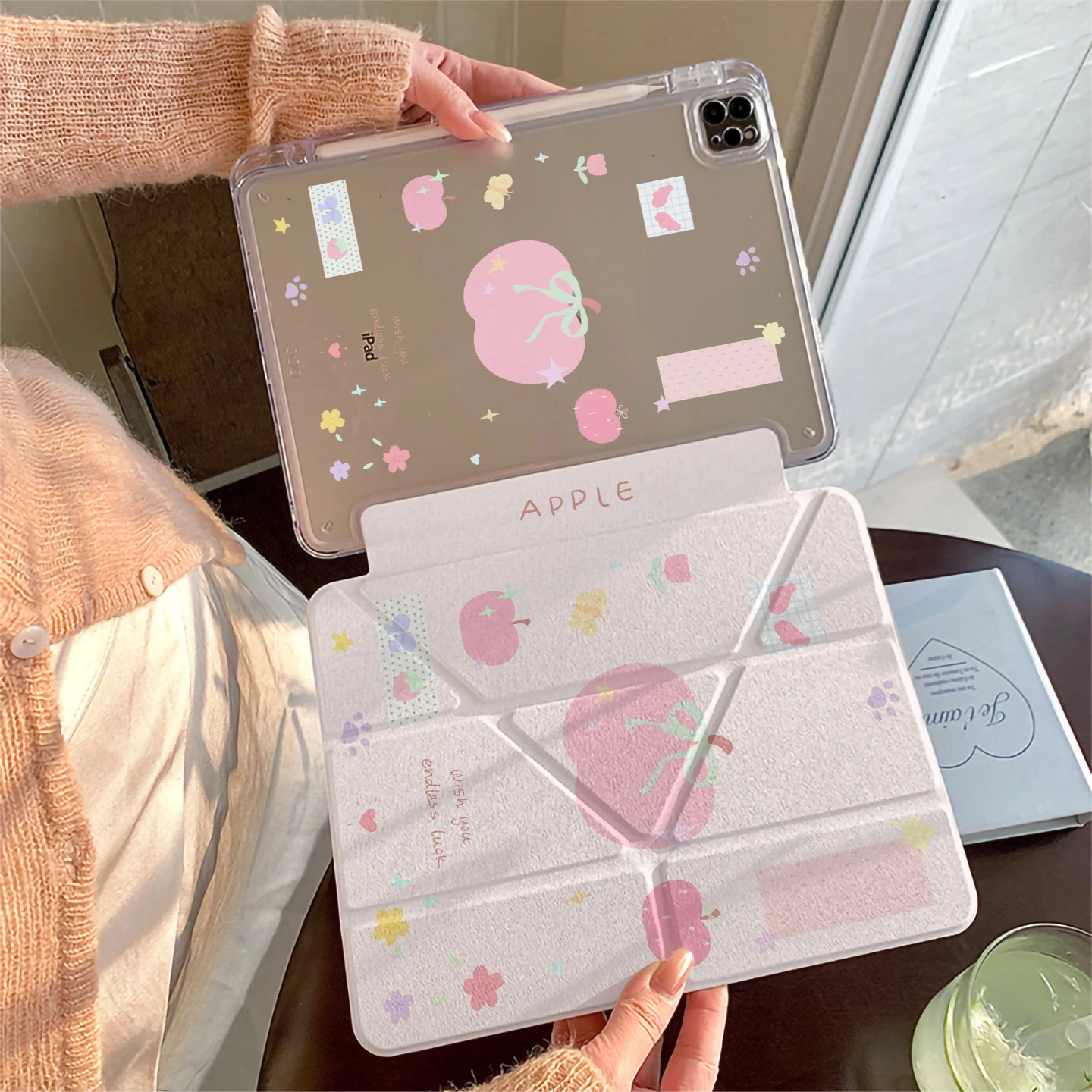 Ins Pink Apple Bow Tablet Case For iPad Pro 11 12.9 13 A16 M2 M4 M3 M5 Shell 8.3 9.7 10.2 5/6/7/8/9/10/11th Mini Air 3 4 5 Cover
