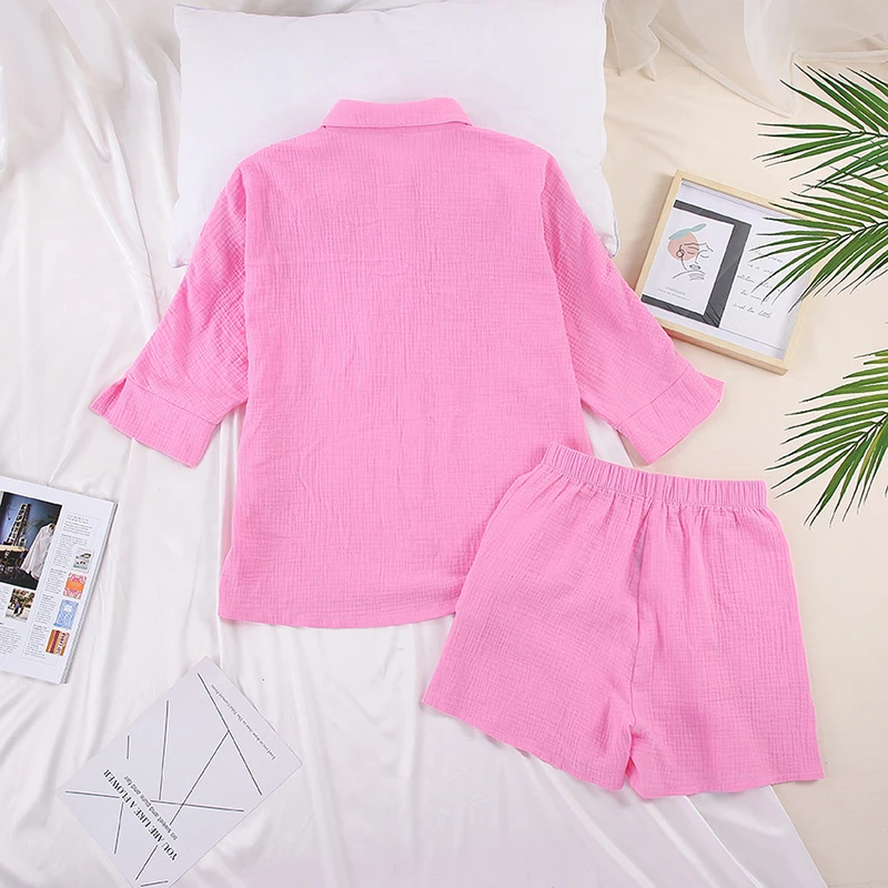 Women\'s Nightwear Cotton Lounge Pajama Set Long Sleeve Lapel Neck Top With Shorts Two Piece Sleepwear Summer Casual Loungewear