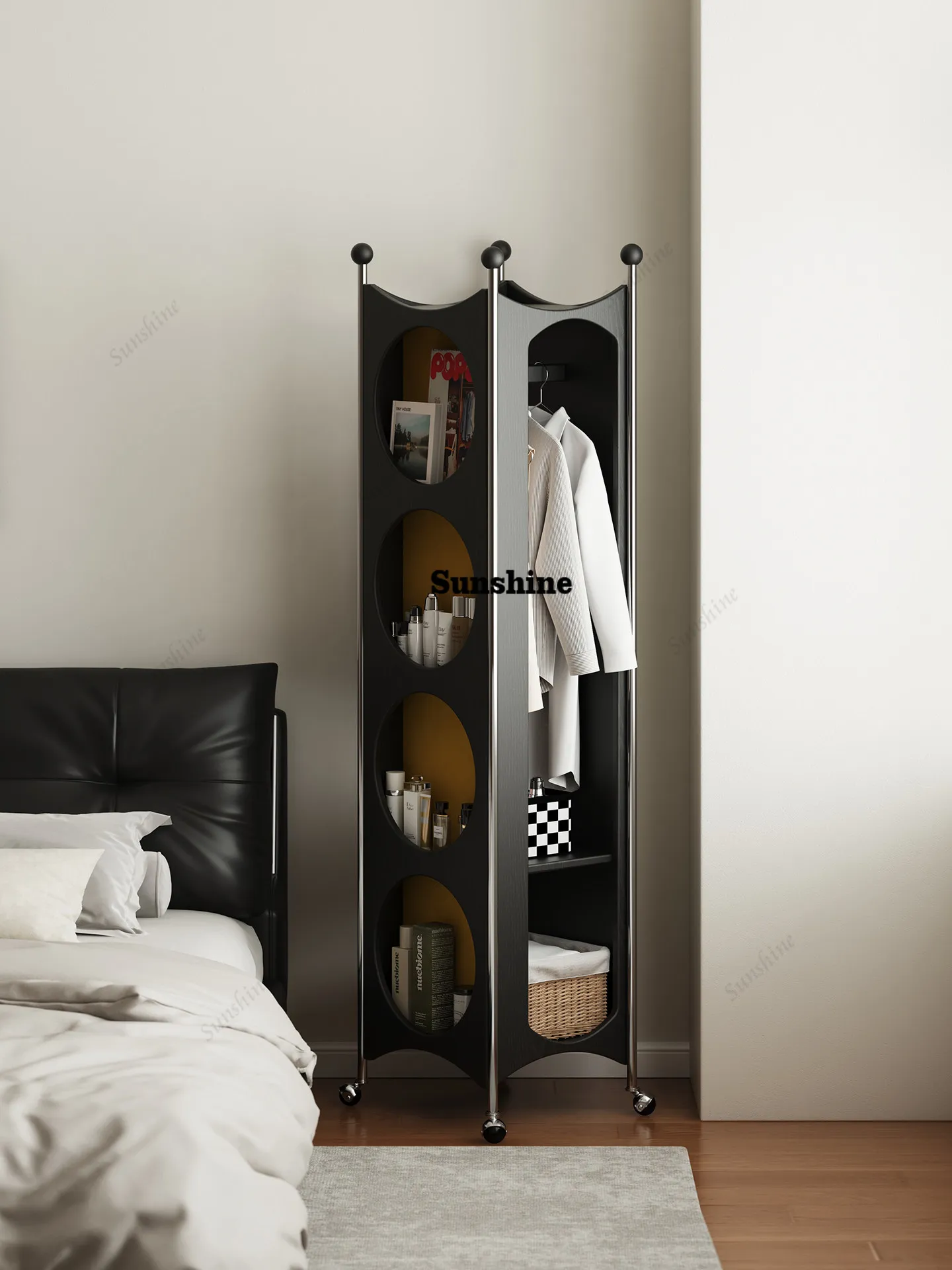 Integrated removable bedroom coat rack floor-to-ceiling rotating hanger full-body mirror