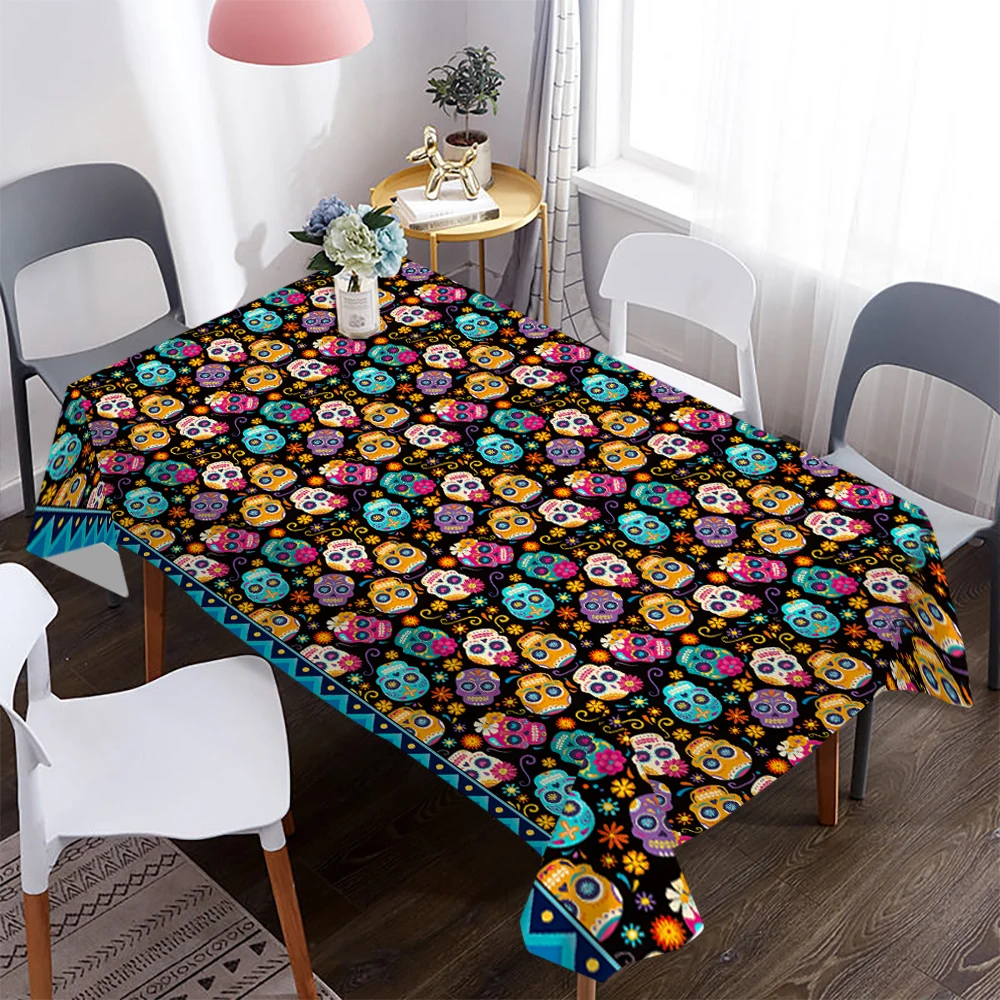 Halloween Mexico Day of The Dead Sugar Skull Flower Fabric Tablecloth Table Decor Waterproof Tablecloth for Table Party Supplies