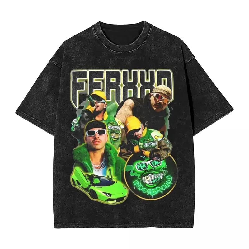 Washed T Shirt Feid Ferxxo Green Vintage T-Shirts Oversize 90s Rapper Streetwear 100% Cotton Summer Tops Tee Shirt for Men Women