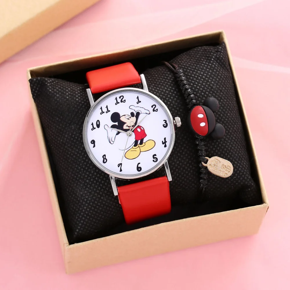 Disney Womens Kids Watches Bracelet Set with Box Fashion Mickey Mouse Cartoon Watch Women Children Bracelets Wristwatch Gift Box