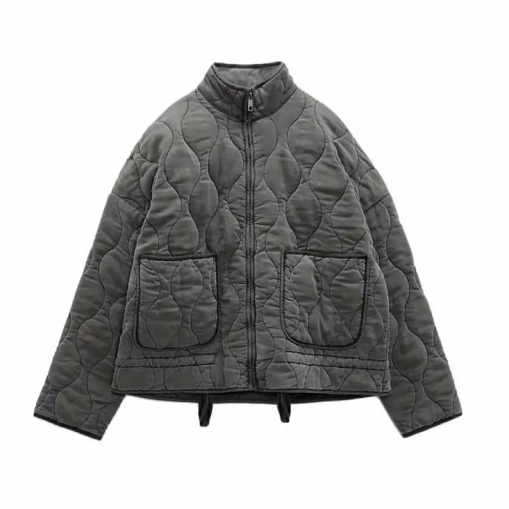 Women's Cotton Padded Jacket Winter Long-Sleeved Pocketed Loose Stand Collar Zipper Solid Color Coat Street Style Fash