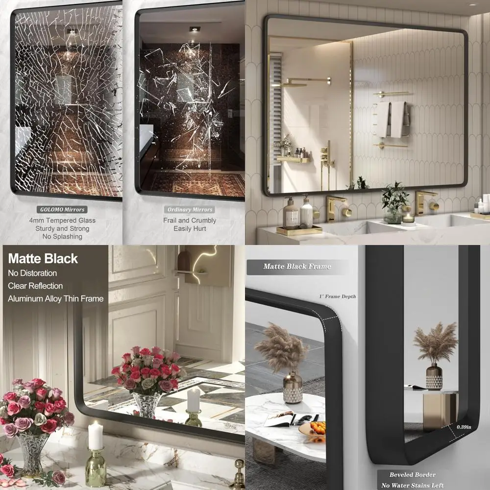 

55 x 40 Black Matte Bathroom Mirror, Rounded Edge, Vanity or Wall Mount, Rust-Resistant, Shatterproof (Horizontal/Vertical)