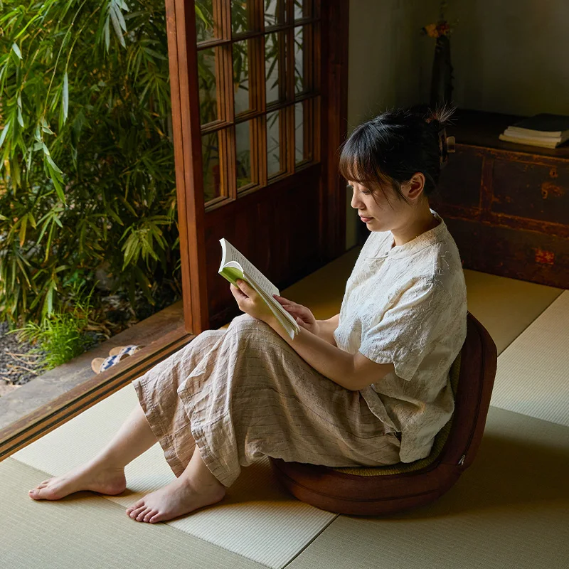 Japanese Backrest Tatami Seat Legless Folding Floor Chair Natural Reed Sofa Chair for Meditation & Tea Ceremony Lounge Cushion