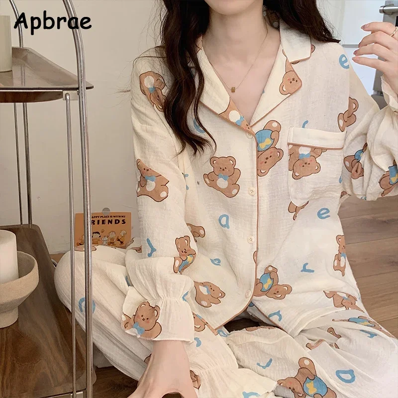 Apbrae Bubble Crepe Cotton Pajamas for Women Korean Style Homewear Kimono Pijamas Long Sleeves Loungewear Bear Print Sleepwear