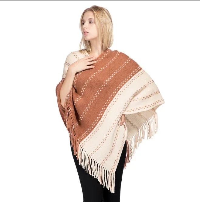 

Color Matching Tassel Knitted Shawl Women's Autumn Winter New Warm Acrylic Pullover Cloak Girls' Sweater Coat