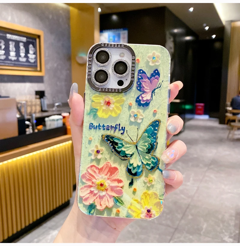 Romantic Beautiful Butterfly Rainbow Flower Oil Painting Metal Lens Frame Phone Case For iPhone 16 15 14 Plus 13 12 11 Pro Max