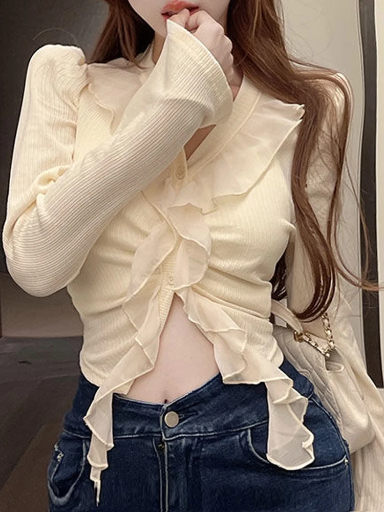 

Y2k Crop Top Women Summer Long Sleeve T Shirts Female Elegant Ruffles Patchwork Slim Tees Ladies Coquette Button-Up Camisetas